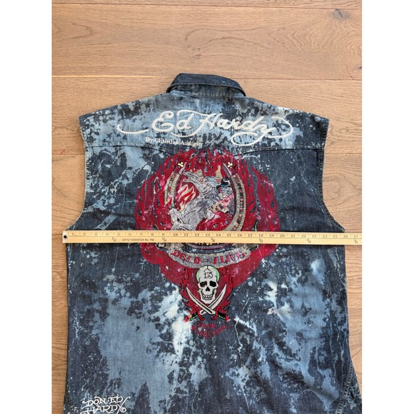 Ed Hardy Mens XXXL Acid Wash Denim Sleeveless Shirt Dead or Alive Skull Blue - Picture 5 of 11